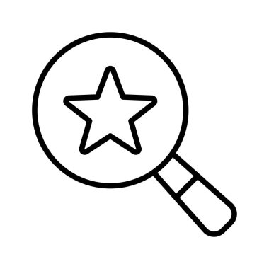 Yıldız ikonlu büyüteç. Piktogram beyaz arka planda izole edildi. Vektör illüstrasyonu.