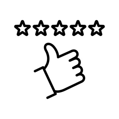 Müşteri değerlendirme ikonu. Kalite değerlendirmesi, geri bildirim. Beş yıldızlı sembol. Beyaz arkaplanda piktogram izole edildi.