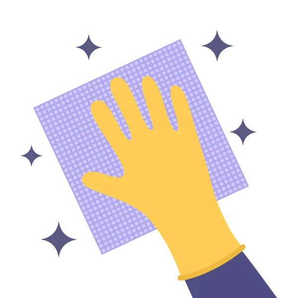 手与黄色橡胶手套 举行紫色布清洗隔离在白色背景 矢量图形在平面风格 — 图库矢量图片
