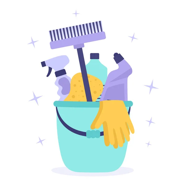 Set Reinigungsgeräte Mit Plastikeimer Tuch Wäsche Oder Glasreiniger Chemikalienwaschmittelflasche Gummihandschuhen — Stockvektor
