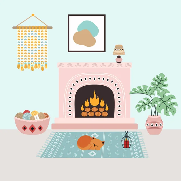 Διανυσματική Απεικόνιση Του Άνετο Εσωτερικό Σπίτι Σαλόνι Τζάκι Φυτό Θάμνος — Διανυσματικό Αρχείο