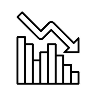 Grafik aşağı doğru eğiliyor. Ok grafiği işaret ediyor. Piktogram beyaz arka planda izole edildi. Vektör illüstrasyonu.