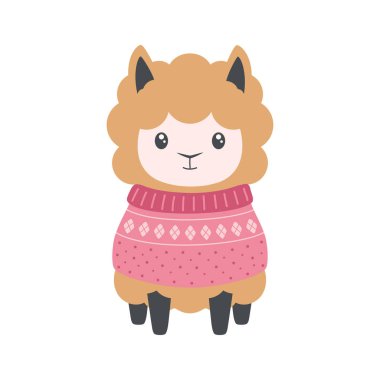 Beyaz arka planda izole edilmiş şirin süveterli komik koyunlu kart, İskandinav tarzı, alpakalı tebrik kartı, çocuk baskısı konsepti