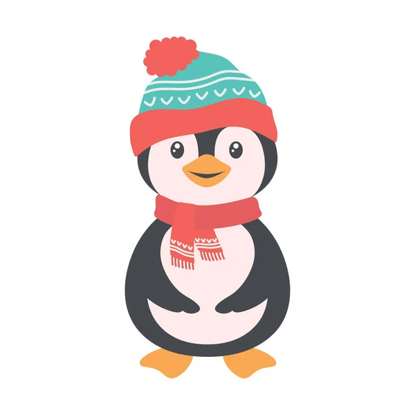 かわいいペンギンで編んだ赤いスカーフと帽子で漫画風 白い背景に隔離された動物のフラットベクトルイラスト 冬のポスター — ストックベクタ