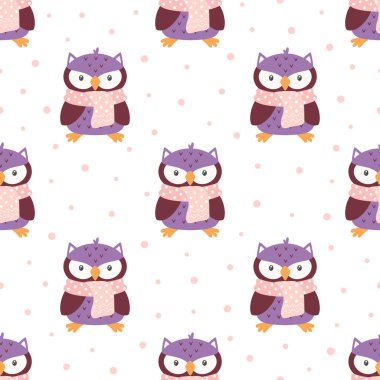 Kar zemininde eşarplı baykuş deseni, kış vektör illüstrasyonu