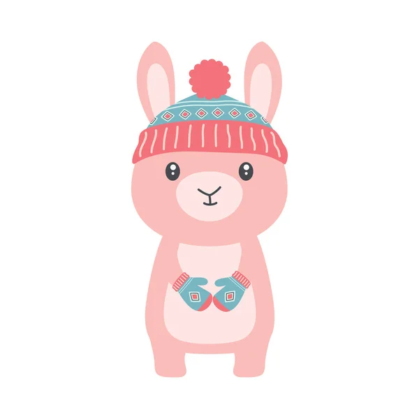 Flat Cartoon Illustration Rabbit Knitting Hat Mittens Isolated White Background — Stock Vector