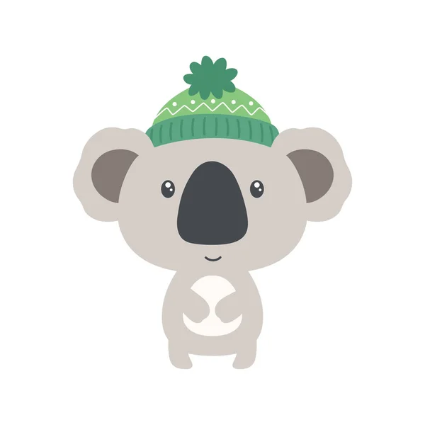 Roztomilý Kreslený Koala Zeleném Pleteném Klobouku Zimní Vektor Ilustrace Zvířete — Stockový vektor