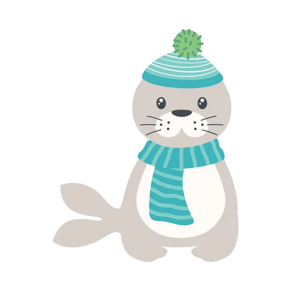 带着可爱的小海豹的冬季插图 用温暖的围巾和帽子隔离在白色背景下 可爱的卡通动物 — 图库矢量图片