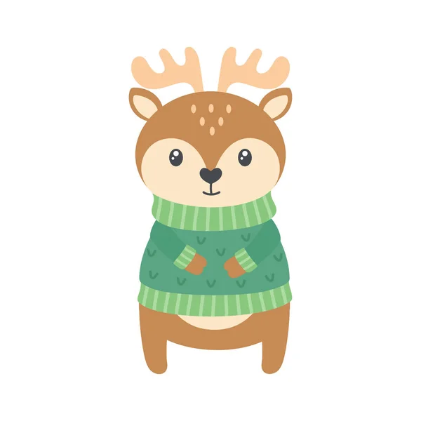 Cute Christmas Deer Isolated White Cartoon Winter Card Animal Wearing — Stock Vector