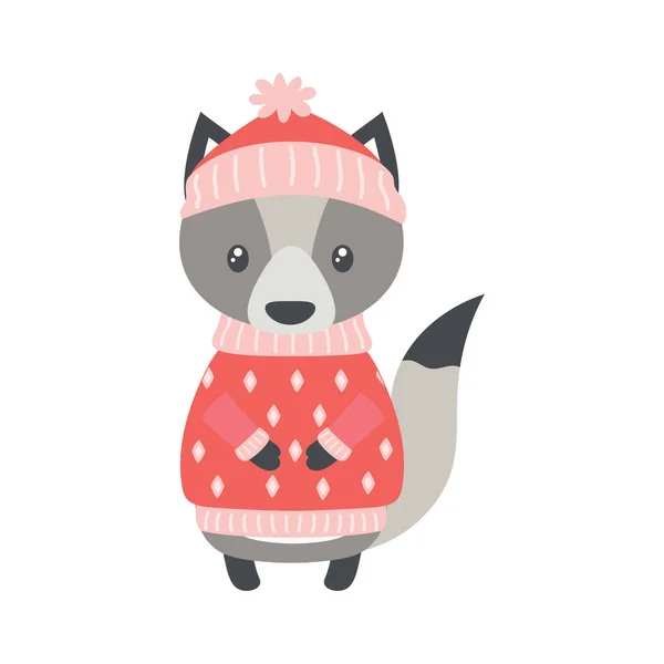 Cartoon Vector Illustration Cute Wolf Knitted Hat Sweater Isolated White — Stock Vector