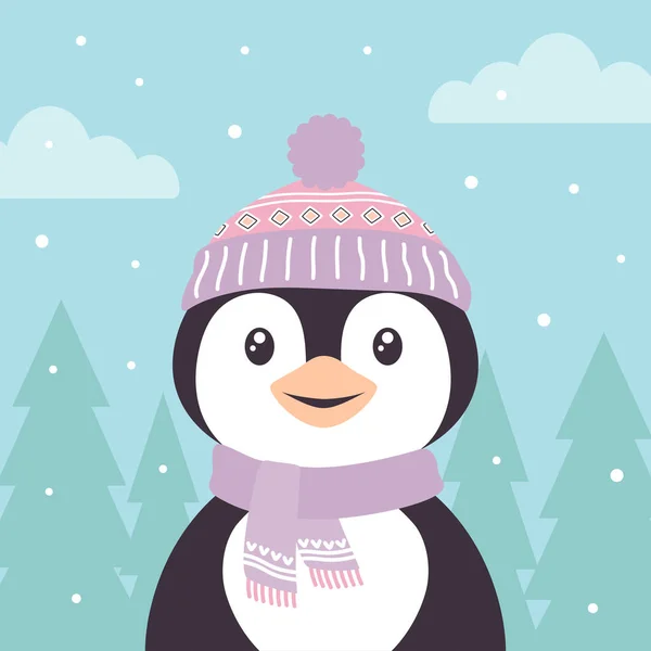 Dibujos Animados Tarjeta Invierno Pingüino Fondo Los Árboles Navidad Ilustración — Archivo Imágenes Vectoriales