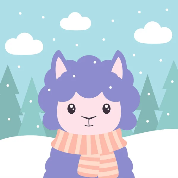 冬季背景下披着条纹围巾的可爱的羊 病媒儿童海报 带着动物和圣诞树的新年快乐贺卡 — 图库矢量图片
