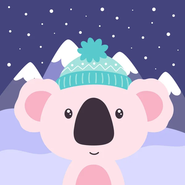 ニット帽のクリスマス漫画キャラクターコアラ 山の背景にかわいい動物の冬のカード フラットスタイルのベクトルイラスト — ストックベクタ