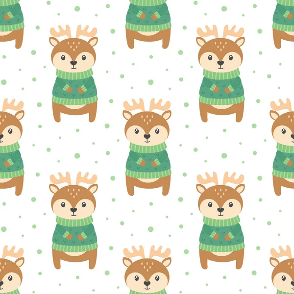 冬季无缝图案与卡通鹿 可爱的动物在温暖的毛衣 圣诞节背景 — 图库矢量图片