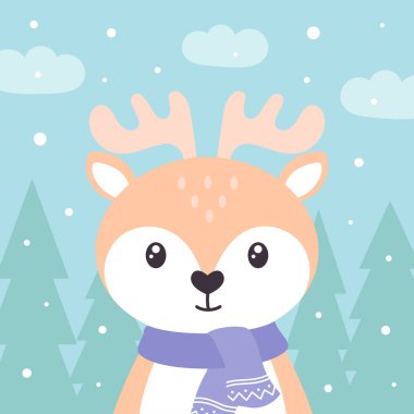 Karda eşarplı şirin karikatür geyikli Noel tebrik kartı.