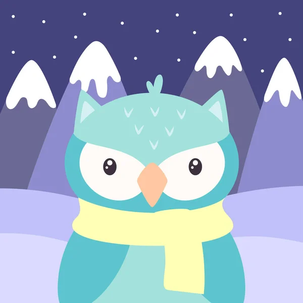 Cartoon Winter Card Cute Owl Snow Mountains Background Christmas Greeting — Stock Vector
