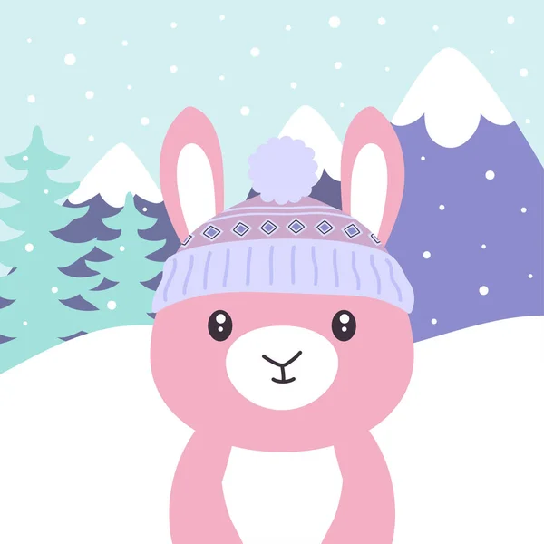 Söt Tecknad Kanin Stickning Hatt Bakgrunden Snö Vinter Jul Affisch — Stock vektor