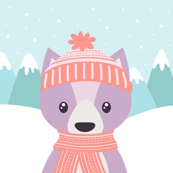Niedlichen Neujahrs Oder Weihnachtsgrußkarte Mit Wolf Hut Und Schal Auf — Stockvektor