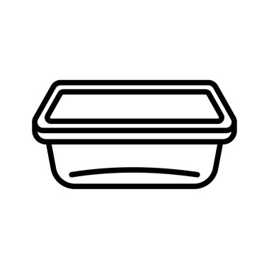 Yiyecek plastik kutu ikonu. Kapağı ve şeffaf kasesi olan plastik yemek kabı. Beyaz arkaplanda piktogram izole edildi.