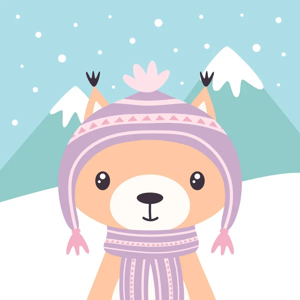 帽子和围巾中可爱的卡通松鼠 雪原动物的矢量图解 冬季贺卡 — 图库矢量图片