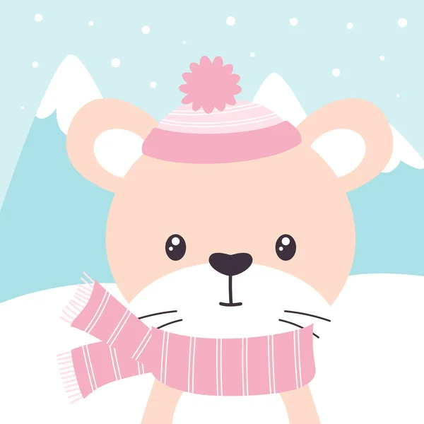Cartoon Cartão Inverno Mouse Montanhas Fundo Neve Animal Bonito Chapéu —  Vetores de Stock