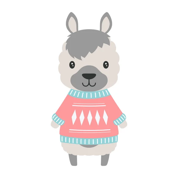 穿着针织毛衣的可爱卡通美洲驼 冬季动物图解 扁平风格 — 图库矢量图片