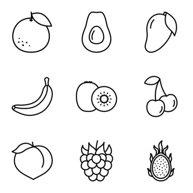 Meyvelerle ilgili basit simgeler. Tropik meyveler. Beyaz arka planda izole edilmiş. Vektör çizimi. Koleksiyon