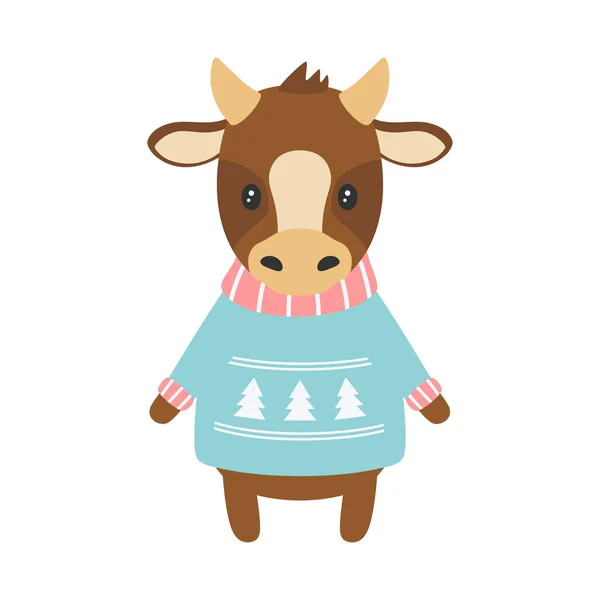 头戴针织毛衣的可爱奶牛 白色背景 新年标志 冬季病媒平面插图 — 图库矢量图片