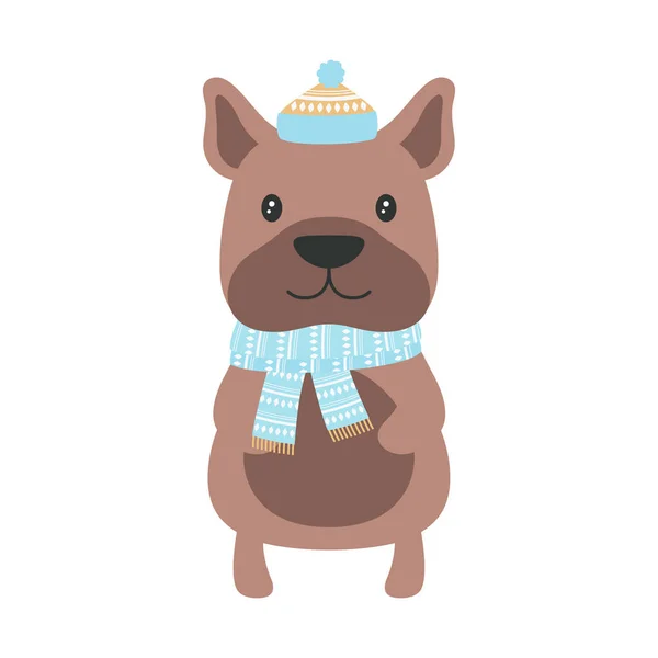 卡通片 过冬的狗 头戴围巾 头戴帽子 玩具娃娃 平淡快乐的人物造型 白色背景的小狗 新年的象征 — 图库矢量图片