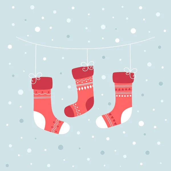Wenskaart Met Kerstsokken Geïsoleerd Sneeuwachtergrond Vectorillustratie Voor Poster Ansichtkaart Banner — Stockvector