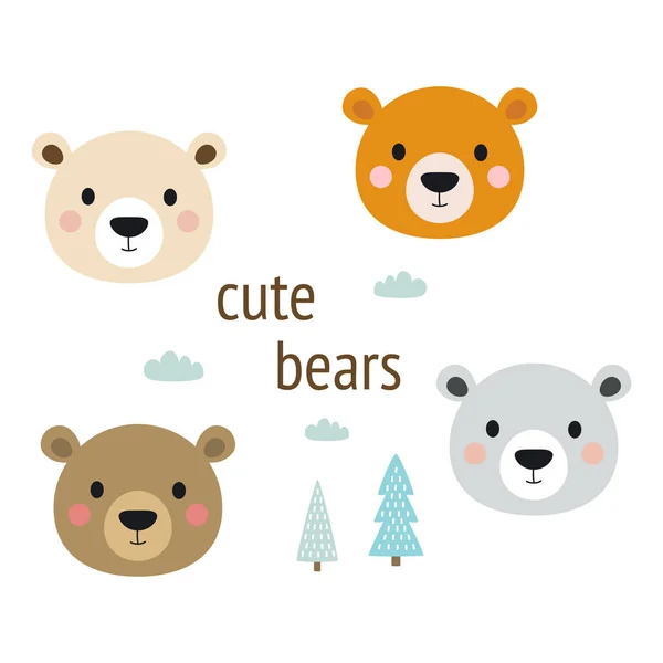 卡通熊宝宝集 可爱的熊脸和树 白色背景的有趣动物 平面的矢量插图 — 图库矢量图片