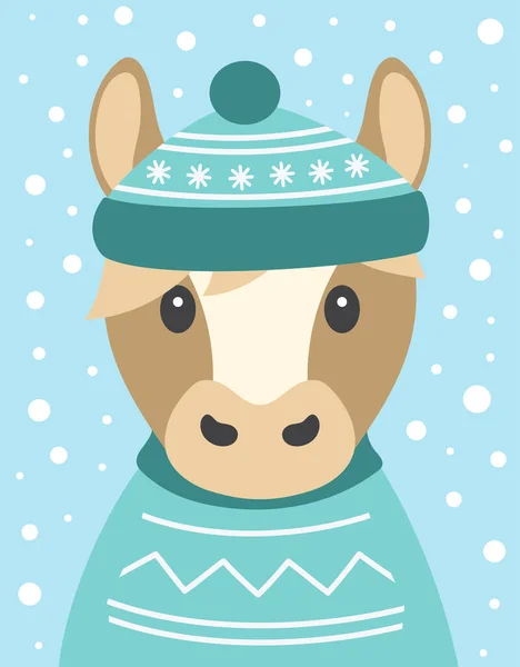 卡通卡上有可爱的马 头戴针织帽子 头戴毛衣 雪地背景 卡通人物为动物 象征新年 风格扁平 — 图库矢量图片