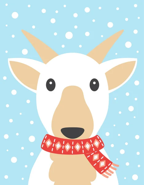 Vector New Year Card Cute Goat Knitting Scarf Snow Background — Stock Vector