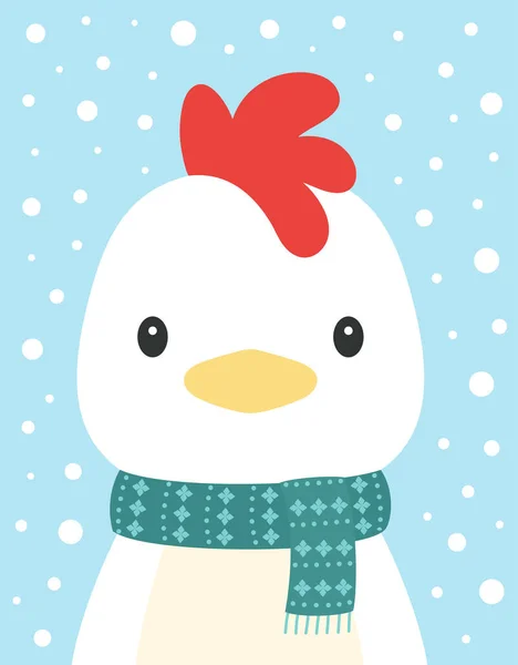 Merry Christmas Card Cute Little Bird Chicken Scarf Winter Snow — Stock Vector