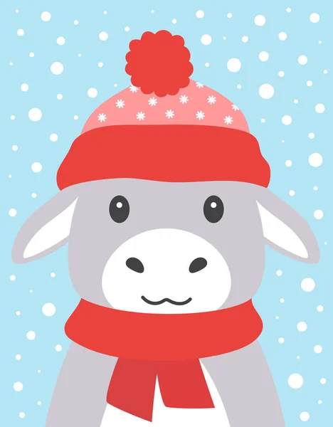 雪の背景に赤い帽子とスカーフで面白いロバのグリーティングカード メリークリスマスと幸せな新年ベクトルイラスト 漫画スタイル — ストックベクタ