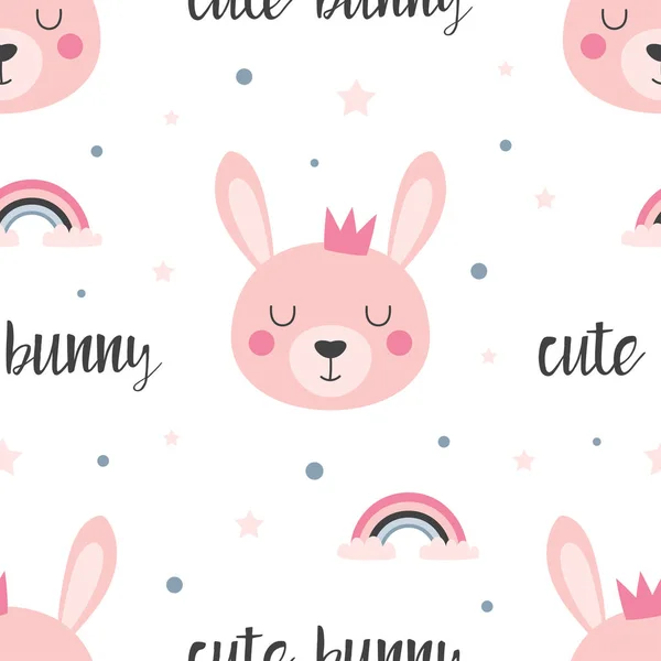 Seamless Pattern Cartoon Bunnies Crown Kids Easter Print Cartoon Background — Stock Vector