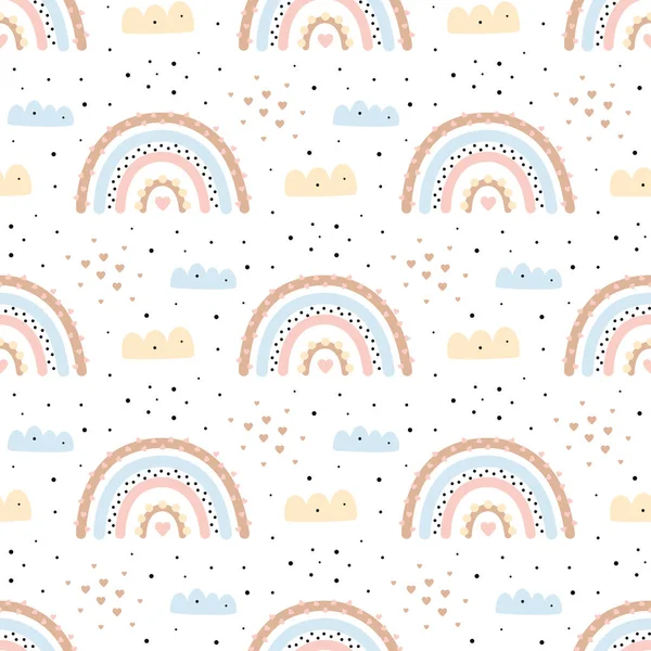 stock vector cute scandinavian childish seamless pattern with trendy rainbows, clouds and hearts, creative kids texture for fabric, wrapping, textile, wallpaper, apparel, vector illustration in flat style