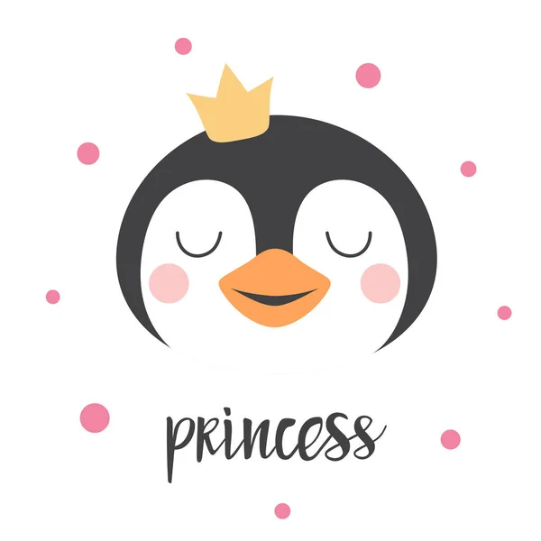 可爱的企鹅公主 皇冠隔离在白色的卡通动物图案上 为孩子或婴儿设计 房间装饰 — 图库矢量图片