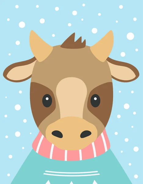 在雪地背景的雪地上织毛衣的快乐的圣诞奶牛 卡通风格的冬季卡片 — 图库矢量图片