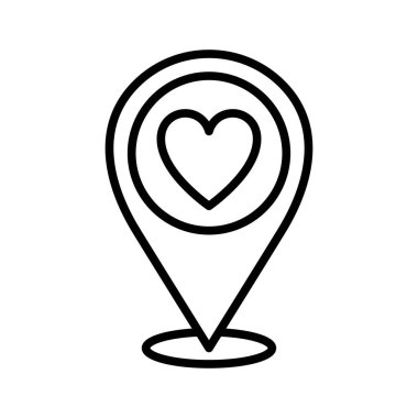 Aşk konumu simgesi. Kalp şeklindeki konum simgesi. En sevdiğim yerler. Beyaz arkaplanda piktogram izole edildi.