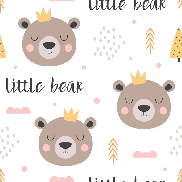 Nahtloses Muster Mit Niedlichen Bären Krone Und Bäumen Zeichentrickbär Hintergrund — Stockvektor