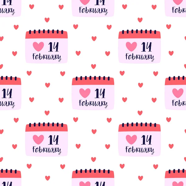 Seamless Pattern Calendar Valentines Day White Background Cartoon Flat Style — Stock Vector