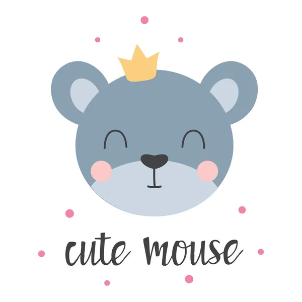 Cartoon Card Cute Mouse Crown Vector Illustration Funny Animal Print — Stock Vector