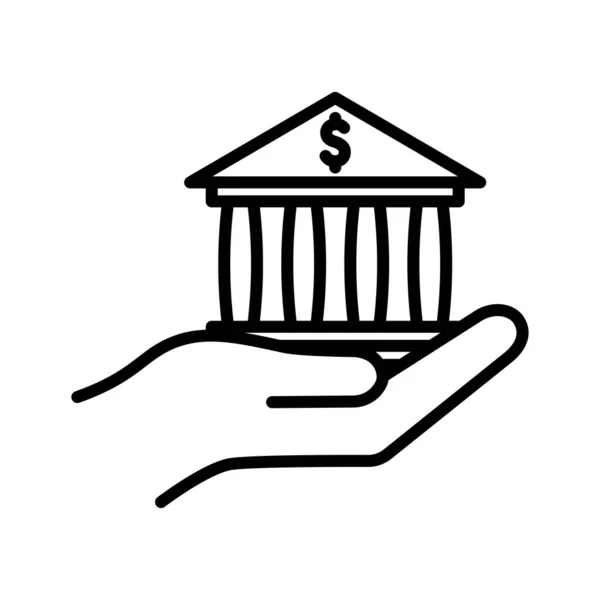 手持银行大楼 资金管理系统 银行服务 在白色背景上孤立的象形文字 — 图库矢量图片
