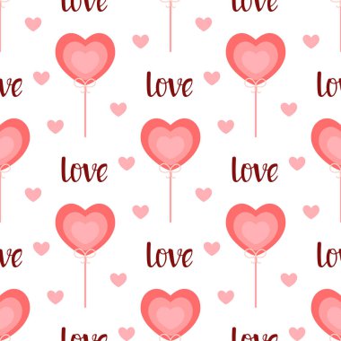 Kusursuz desenli, kalp şeklinde ve harf şeklinde şekerler beyaz arka planda izole edilmiş yassı vektör çizimi, Sevgililer Günü duvar kâğıdı mutlu sevgililer günü.