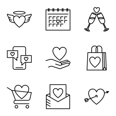 Sevgililer Günü ikonu seti. Beyaz arka planda izole edilmiş kalp, romantik ve aşk sembolleri. Vektör illüstrasyonu.