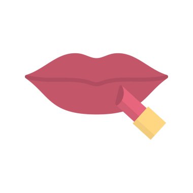 Ruj ikonu uygulanıyor. Dudaklarına kırmızı ruj süren bir kadın. Vektör illüstrasyonu.