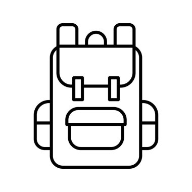 Sırt çantalarında yürüyüş ikonu. Kamp ve dağ gezisi sırt çantası. Beyaz arkaplanda piktogram izole edildi.