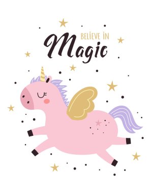 Tatlı komik tek boynuzlu atın vektör çizimi ve harfler sihre inanıyorlar, İskandinav tarzı, düz tasarım, çocuk baskısı konsepti