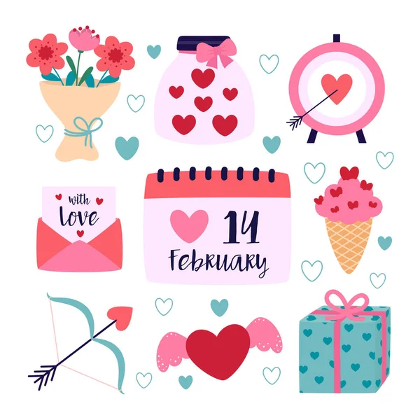 バレンタインデーの要素 ギフト ハート アイスクリーム ダーツボード 封筒などのセット漫画のスタイルで装飾 ベクトルイラスト — ストックベクタ